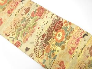 アンティーク　桧扇に御所車・鶴・草花模様織り出し丸帯（材料）